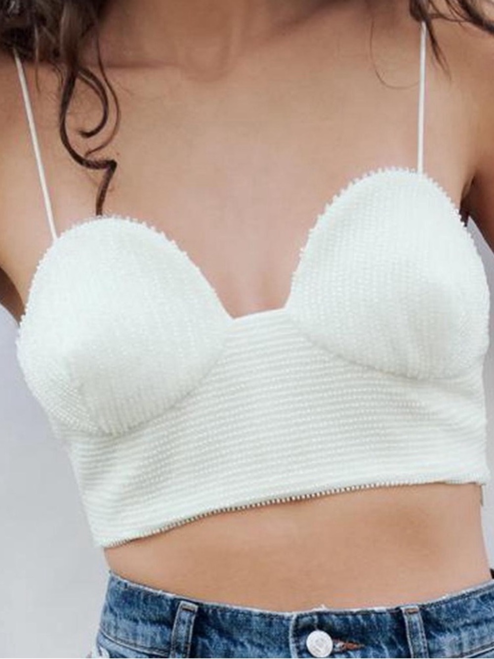Zara White Scallop-Edge Knit Crop Top